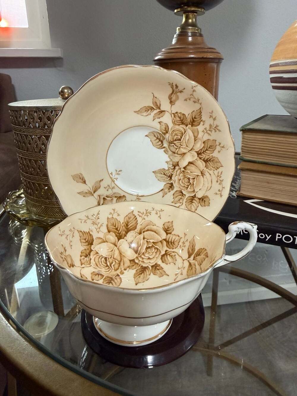 Vintage Paragon Bone China Teacup and Saucer Set, Beige with Brown Roses